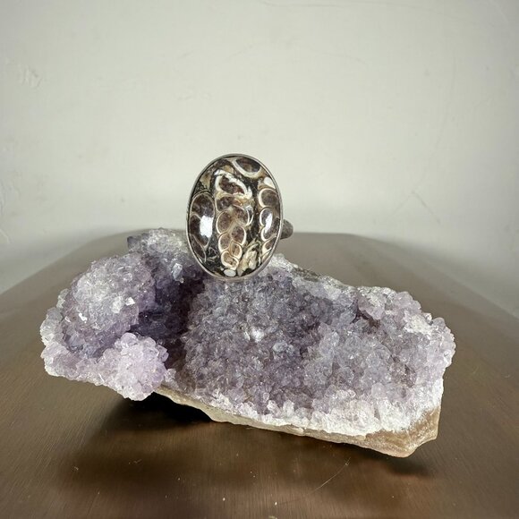 Handmade Turritella Agate Oval Gemstone Silver Ring Statement Jewelry Size 10.5 - Picture 1 of 5